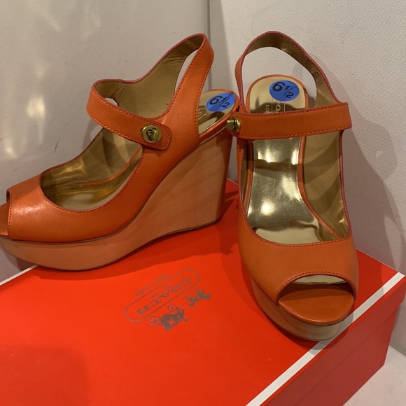 NWB - NEW Coach 🍊 Platform Sandal Wedge Aqua Veg Leather Shoe Tangerine Orange - Picture 7 of 15